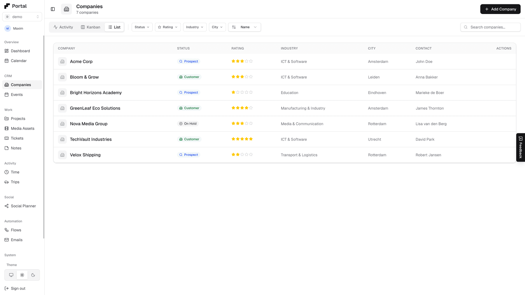 Preview of the Portal business management platform
