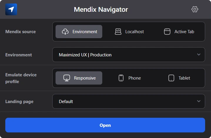 Mendix Navigator-widget met de lijst aan omgevingen