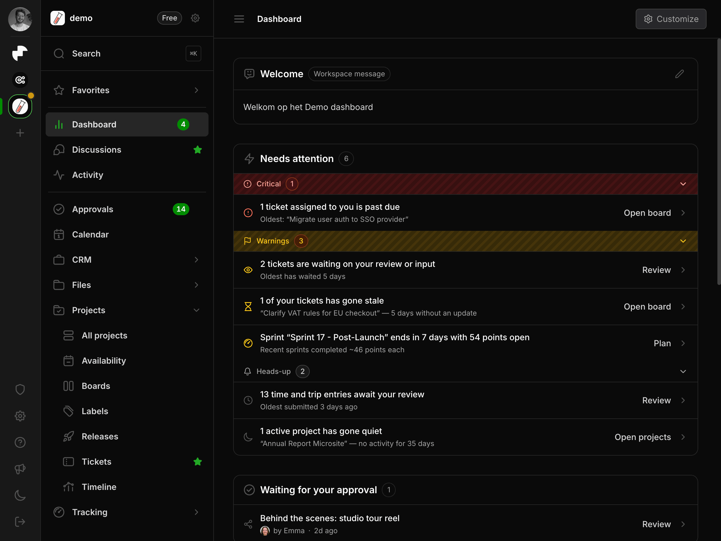 Het Millstream-dashboard met de feed van zaken die aandacht vragen en de goedkeuringen die op beoordeling wachten