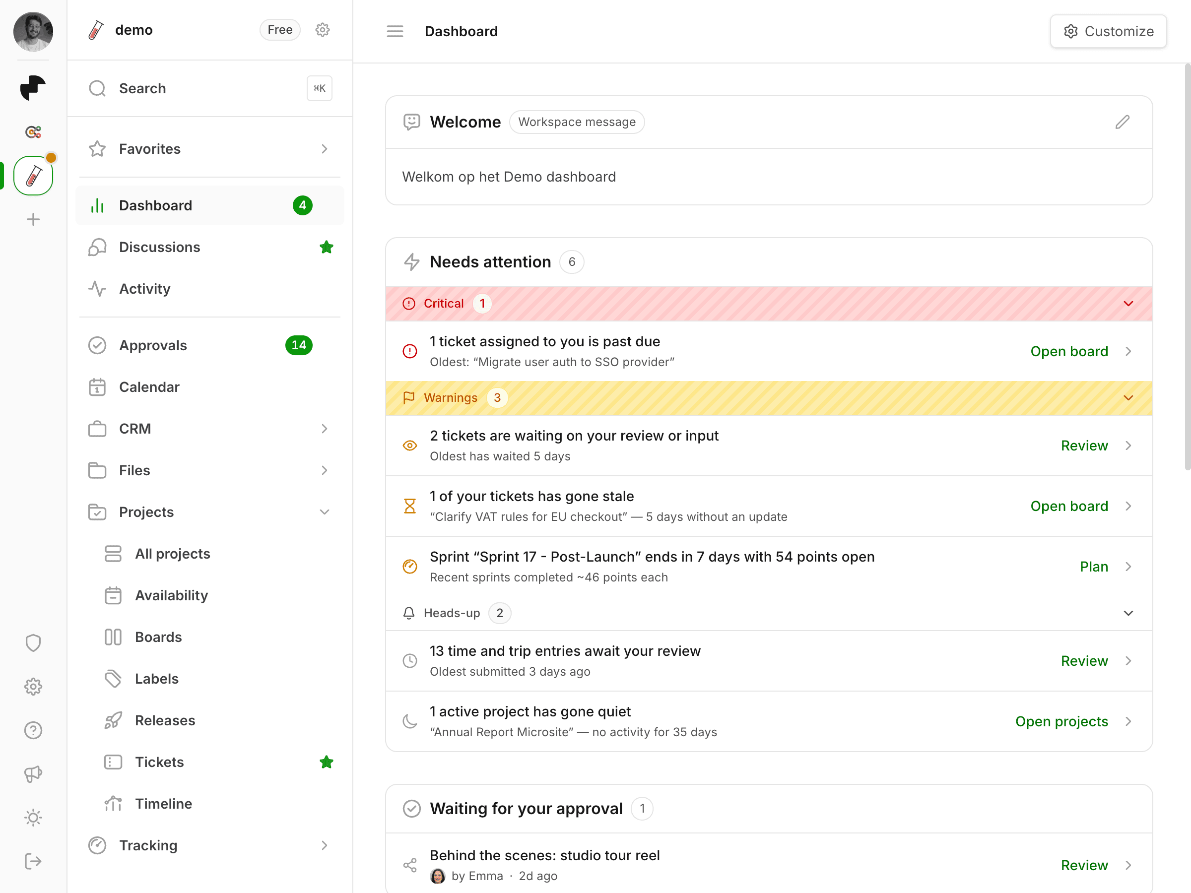 Het Millstream-dashboard met de feed van zaken die aandacht vragen en de goedkeuringen die op beoordeling wachten