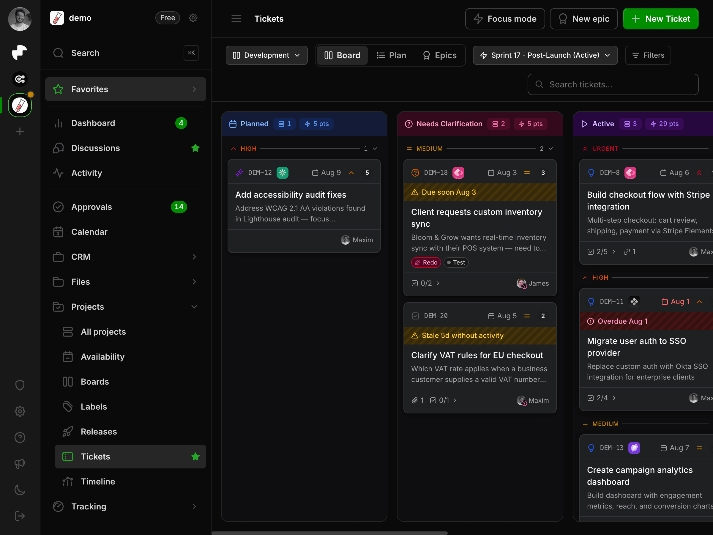 Het Millstream-ticketbord met sprintlanes, prioriteiten en story points
