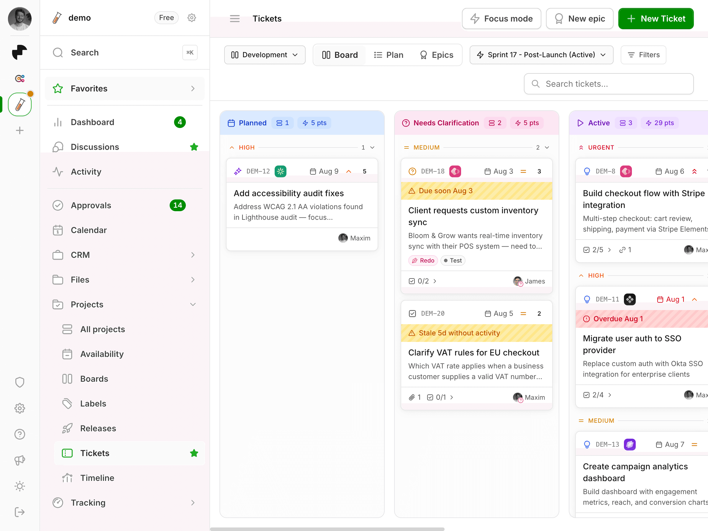 Het Millstream-ticketbord met sprintlanes, prioriteiten en story points